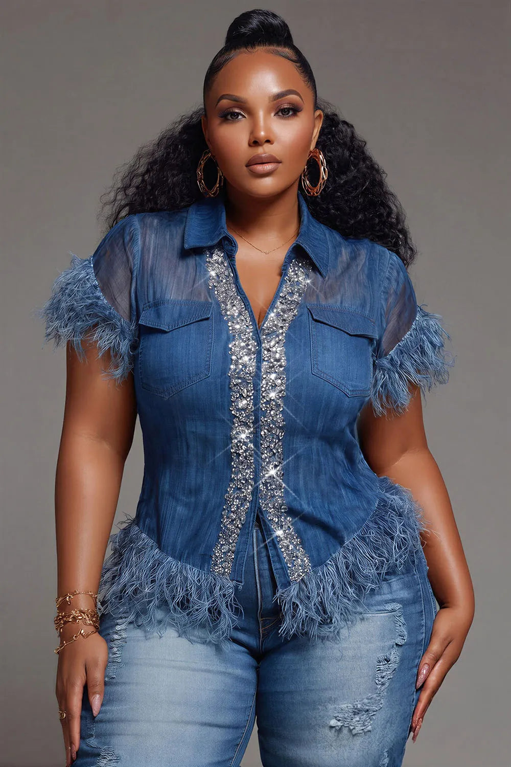 Xpluswear Design Plus Size Party Blue Shirt Collar Short Sleeve Feather See Through Tencel Denim Blouses