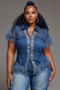 Xpluswear Design Plus Size Party Blue Shirt Collar Short Sleeve Feather See Through Tencel Denim Blouses