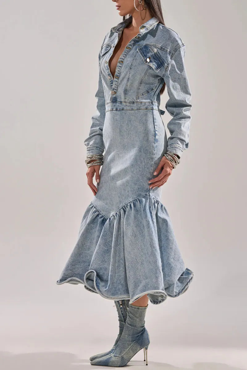 Women's Light Wash Denim Shirt Style Mermaid Hem Maxi Dress