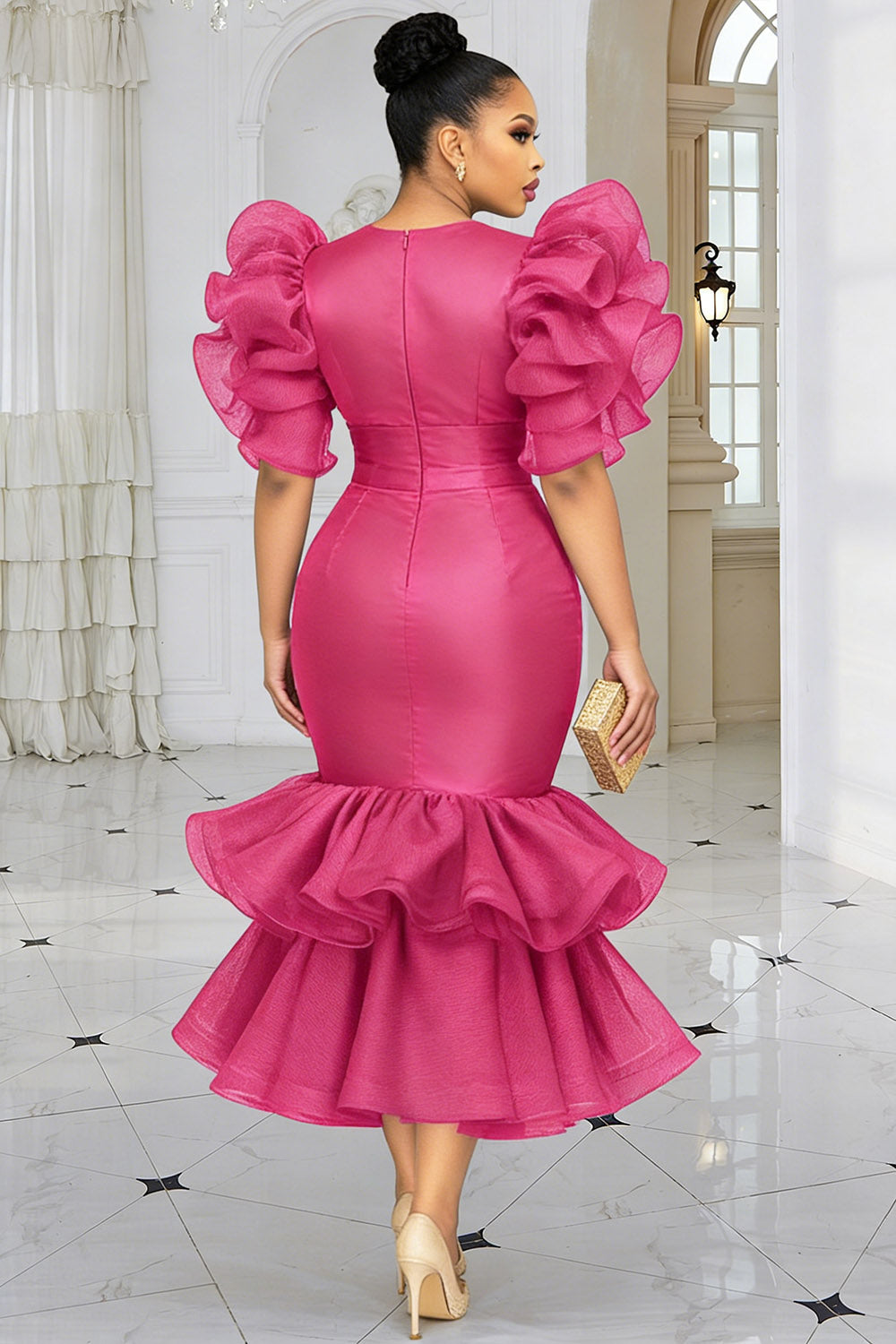 Wedding Guest Tulle Hot Pink Round Neck Short Sleeve Ruffle Tiered Satin Midi Dresses