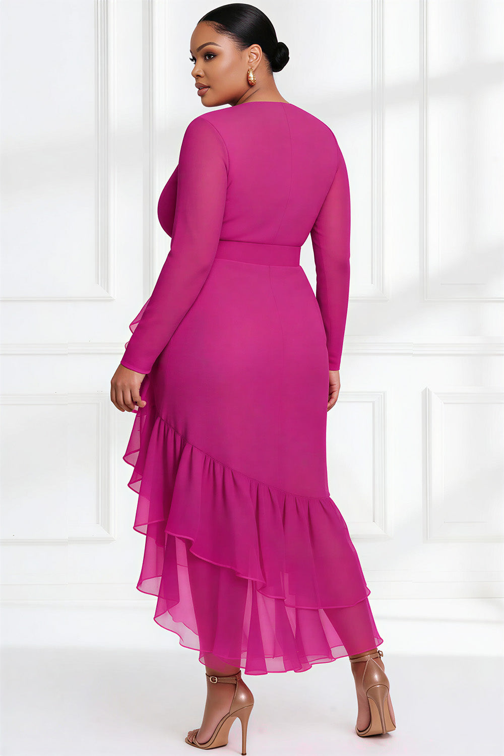 Wedding Guest Hot Pink V Neck Long Sleeve Ruffle Asymmetric Hem Irregular Hem Midi Dresses