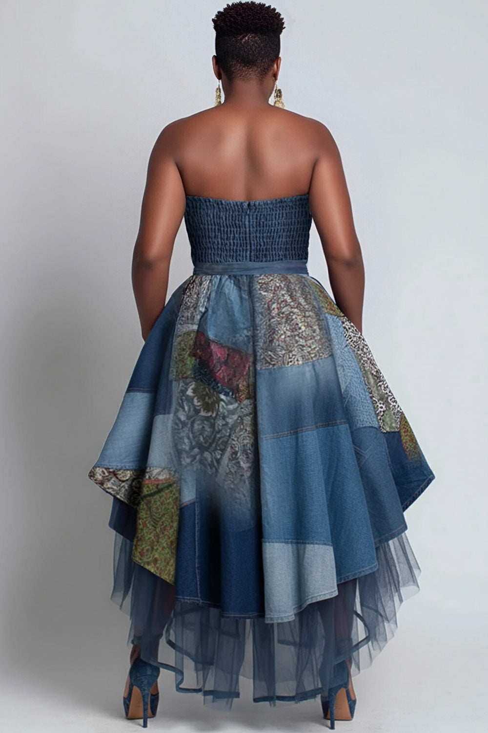 Party Blue All Over Print Pocket High Low Hem Tulle Midi Dresses