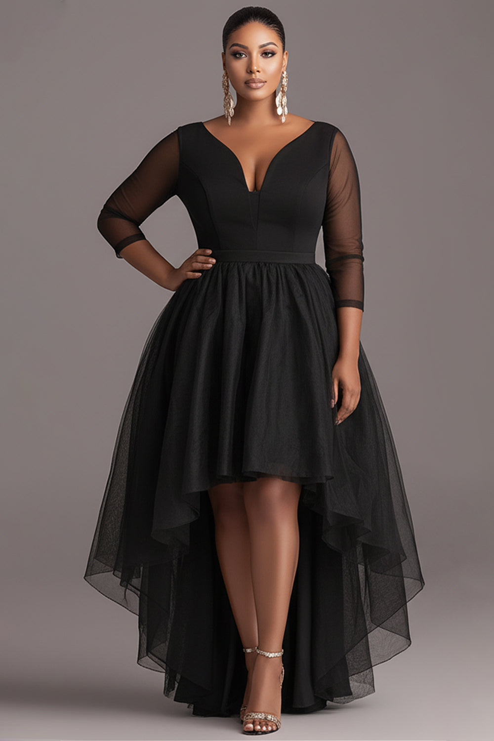 Party Black V Neck 3/4 Sleeve High Low Hem See Through Tulle Mini Dresses