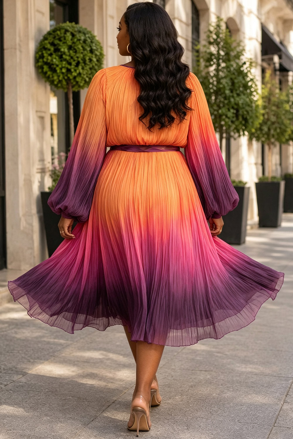 Churchs Orange Gradient Round Neck Puff Sleeve Long Sleeve Pleated Chiffon Midi Dresses [Pre-Order]