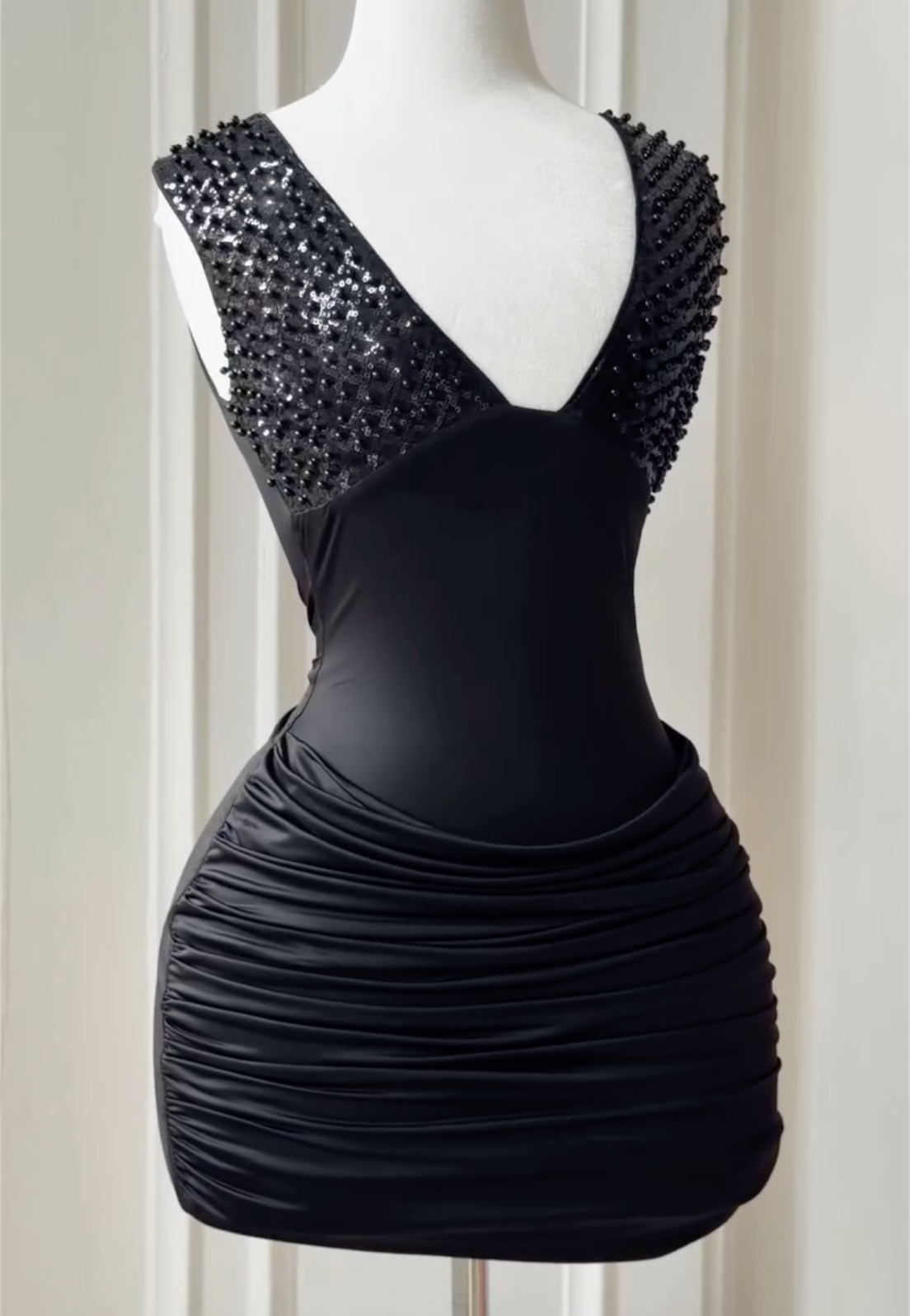 Black Asymmetric Beaded & Sequin Mini Dress - Ruched Satin Formal Cocktail Gown