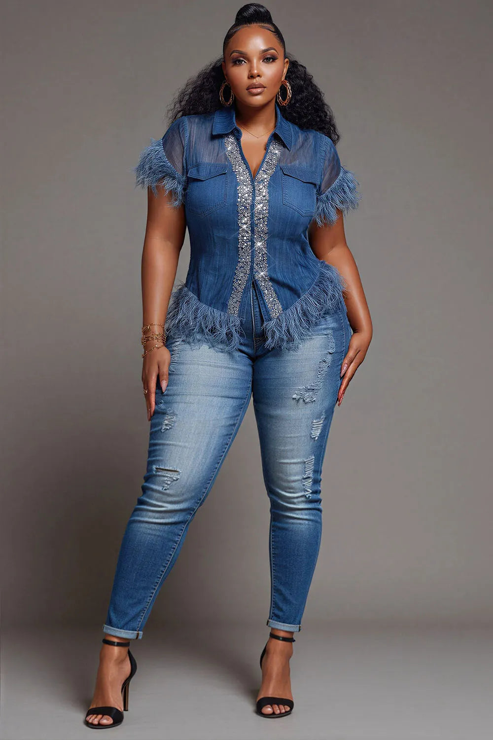 Xpluswear Design Plus Size Party Blue Shirt Collar Short Sleeve Feather See Through Tencel Denim Blouses