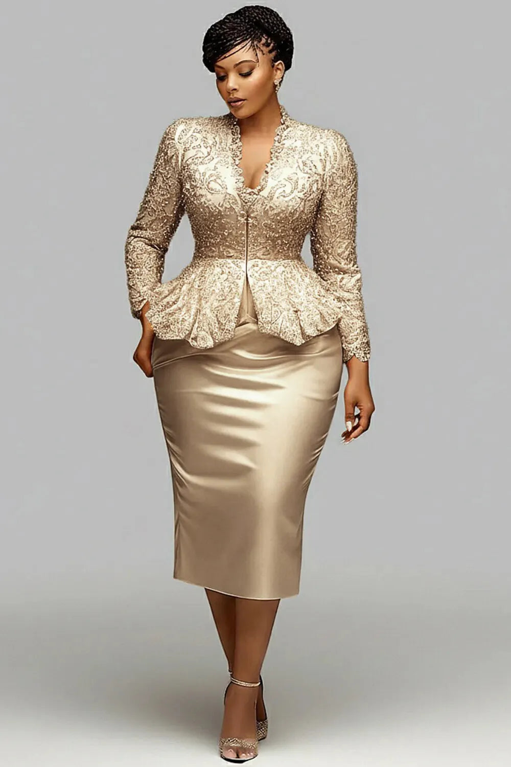 Cocktail Party Lace Champagne V Neck Long Sleeve Ruffle Bodycon Satin Two Piece Skirt Sets