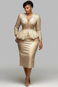 Cocktail Party Lace Champagne V Neck Long Sleeve Ruffle Bodycon Satin Two Piece Skirt Sets