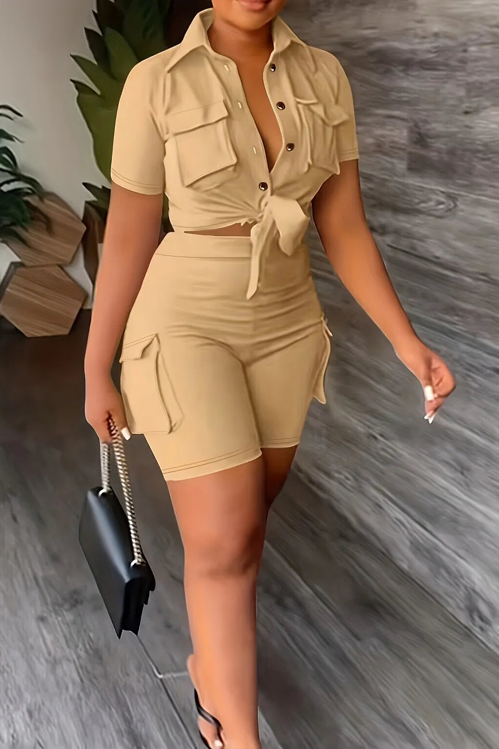 Women's Casual Tie Up Top & Multi Pocket Shorts