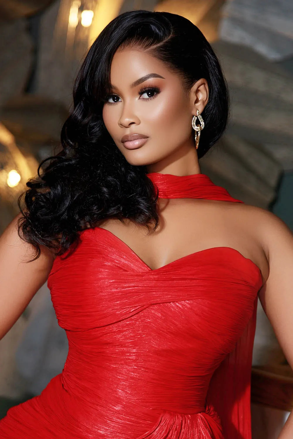 Strapless Halter Scarf Cinch Waist Slit Gowns Maxi Dresses-Red [Pre Order]