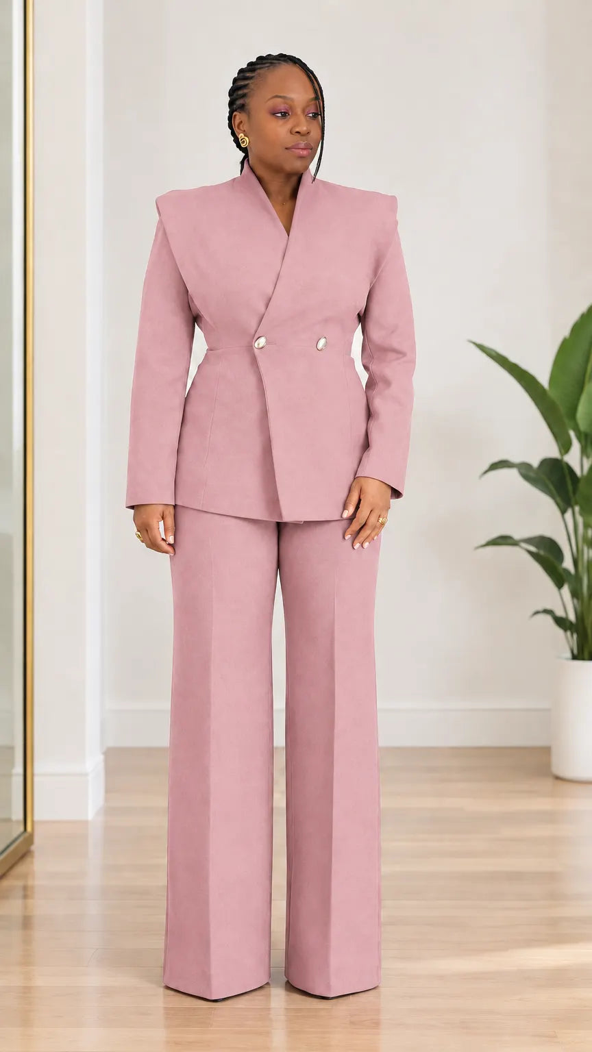 Women's Sculpted Collar Double-Breasted Blazer and Wide-Leg Pants 2-Piece Suit Set
