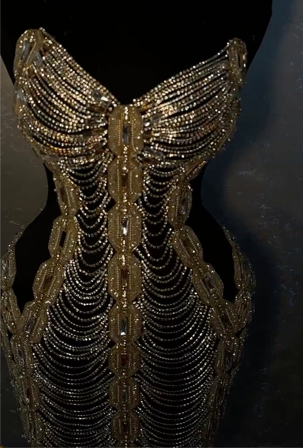 Gold Beaded Strapless Mini Dress with Cutout Detail & Crystal Embellishments