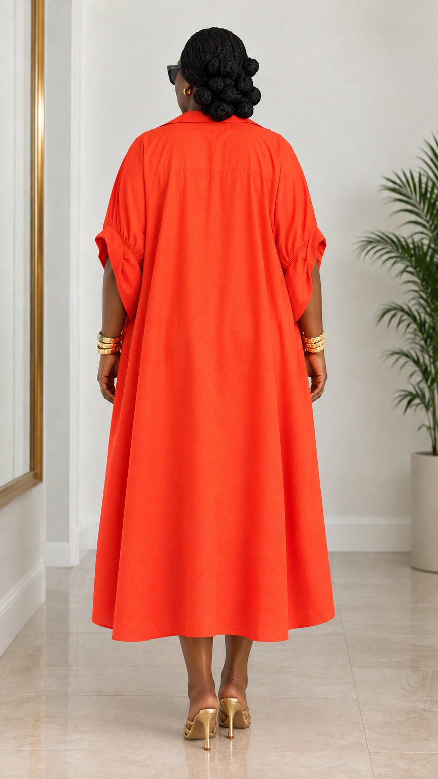Women's Oversized Lapel Collar Kaftan Shirt Dress Ruched Sleeve Midi Dress