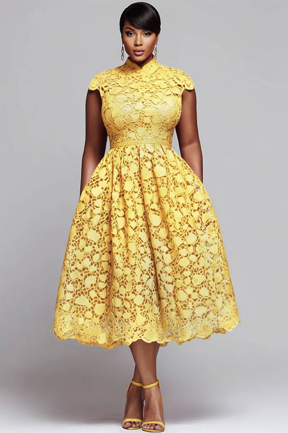 Red Round Neck Pocket Elegant Cut Out Lace Midi Dresses