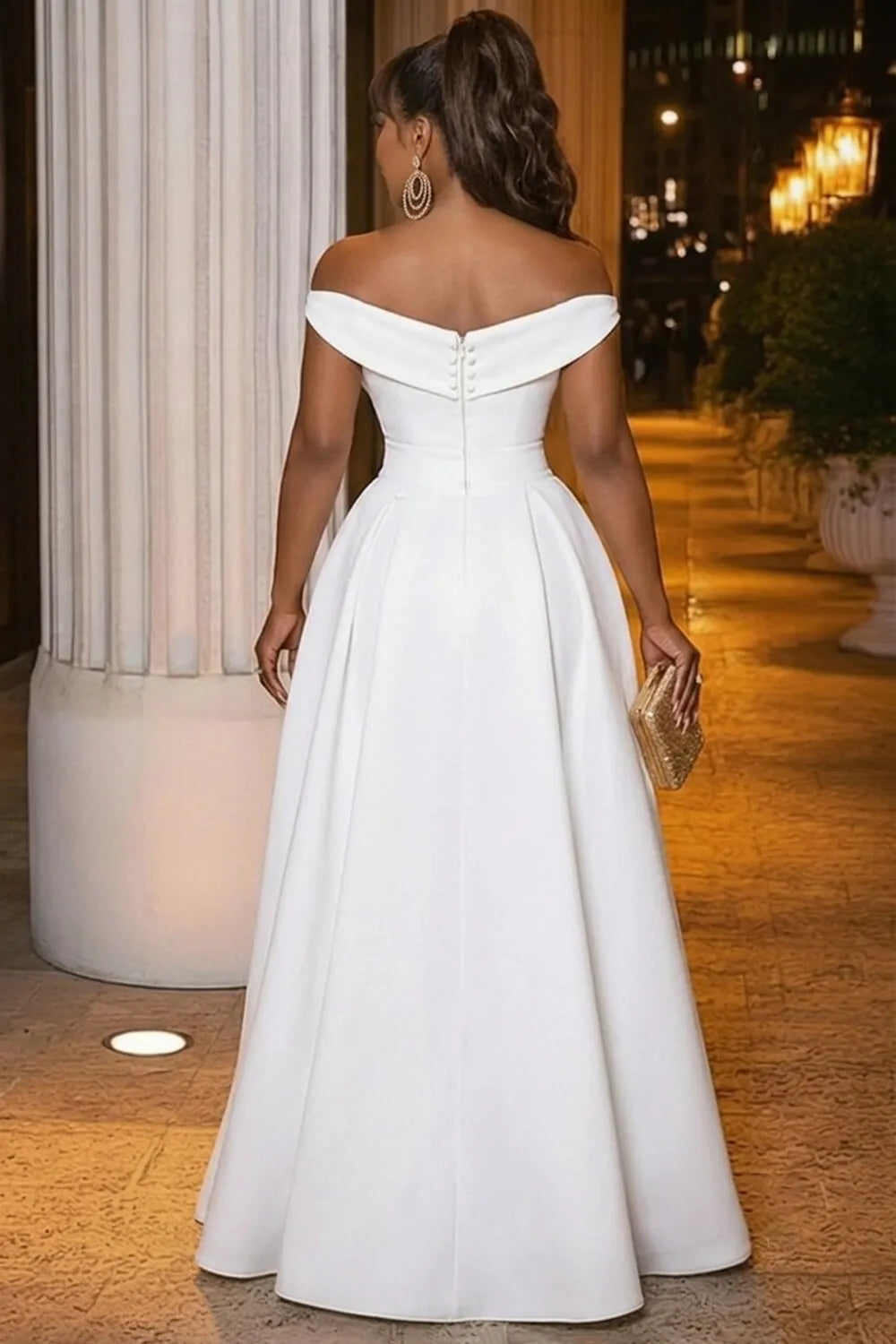 Off Shoulder Cinch Waist Ruffle Trim Hem Gowns Maxi Dresses-White [Pre Order]