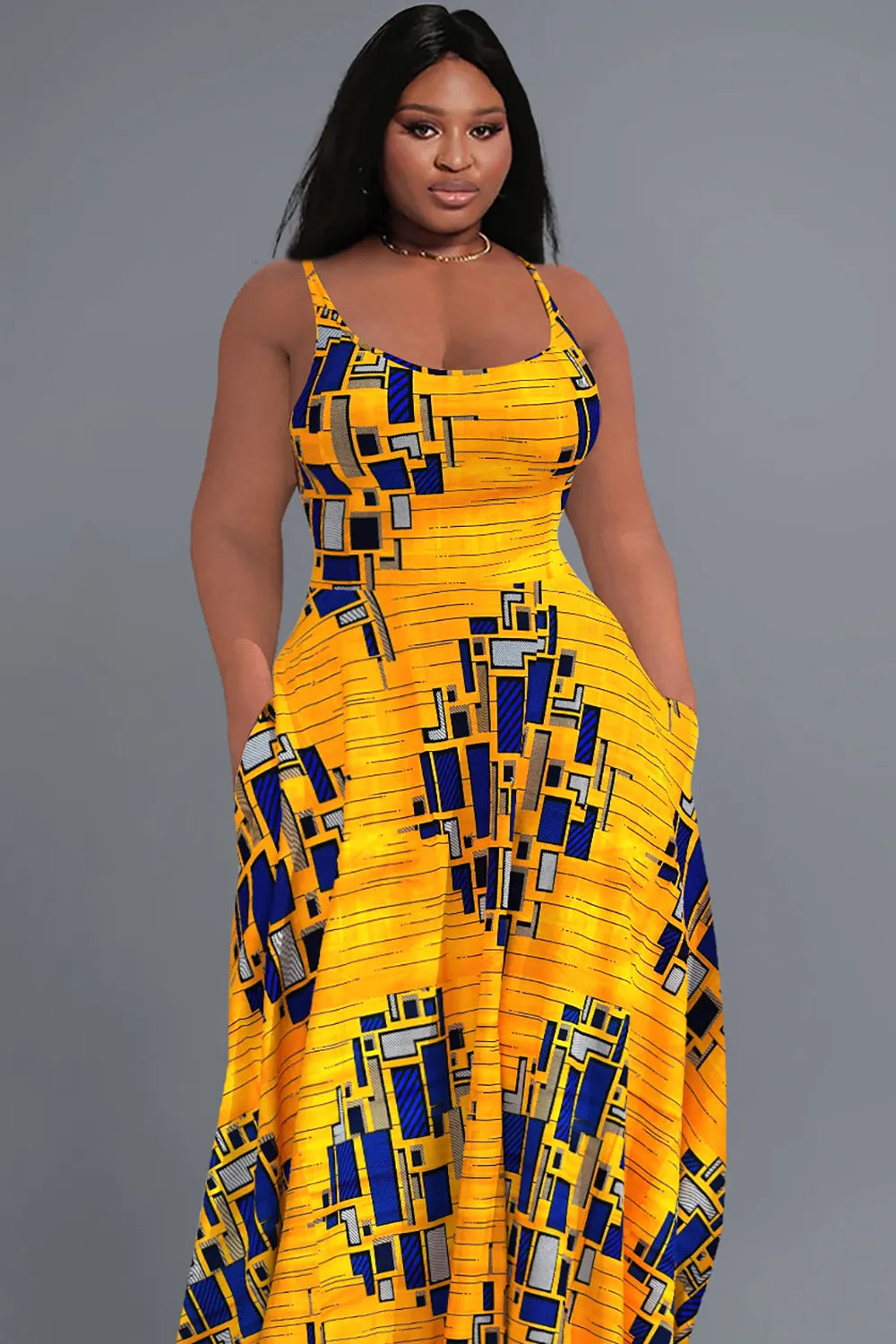 Casual Yellow Geometric Print U Neck Sleeveless Sundress Pocket Maxi Dress