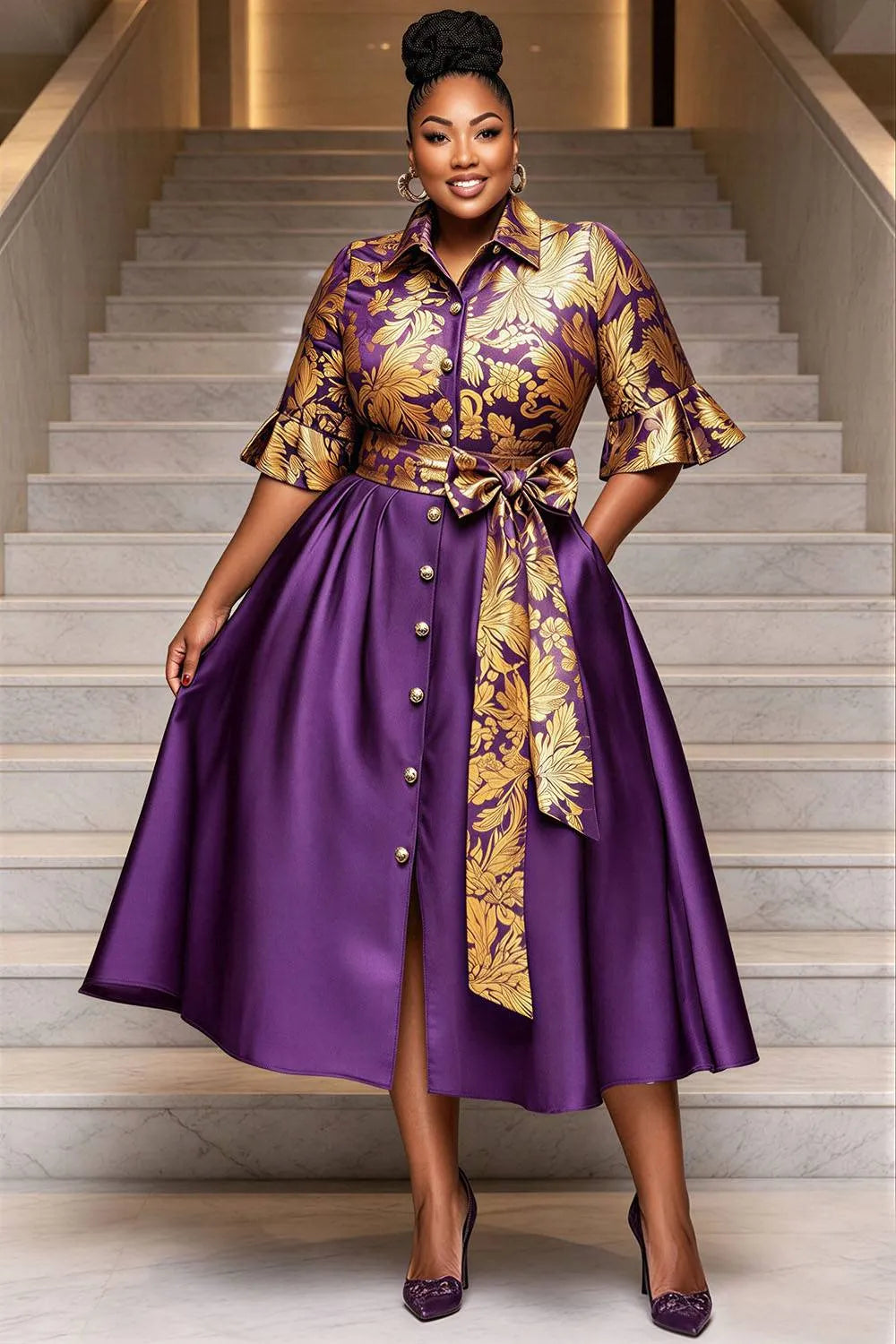 Churchs Purple Graphic Shirt Collar Short Sleeve Foil Print Pocket Satin Midi Dresses