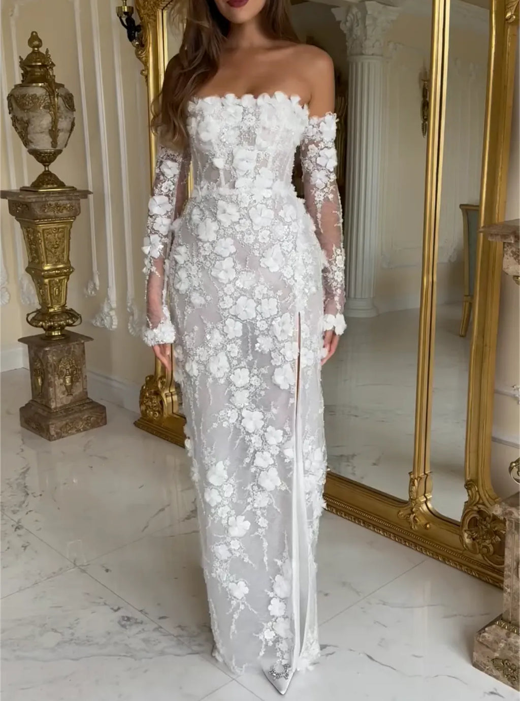 White Off-Shoulder 3D Floral Sheer Maxi Evening Gown - Long Sleeve Slit Formal Dress
