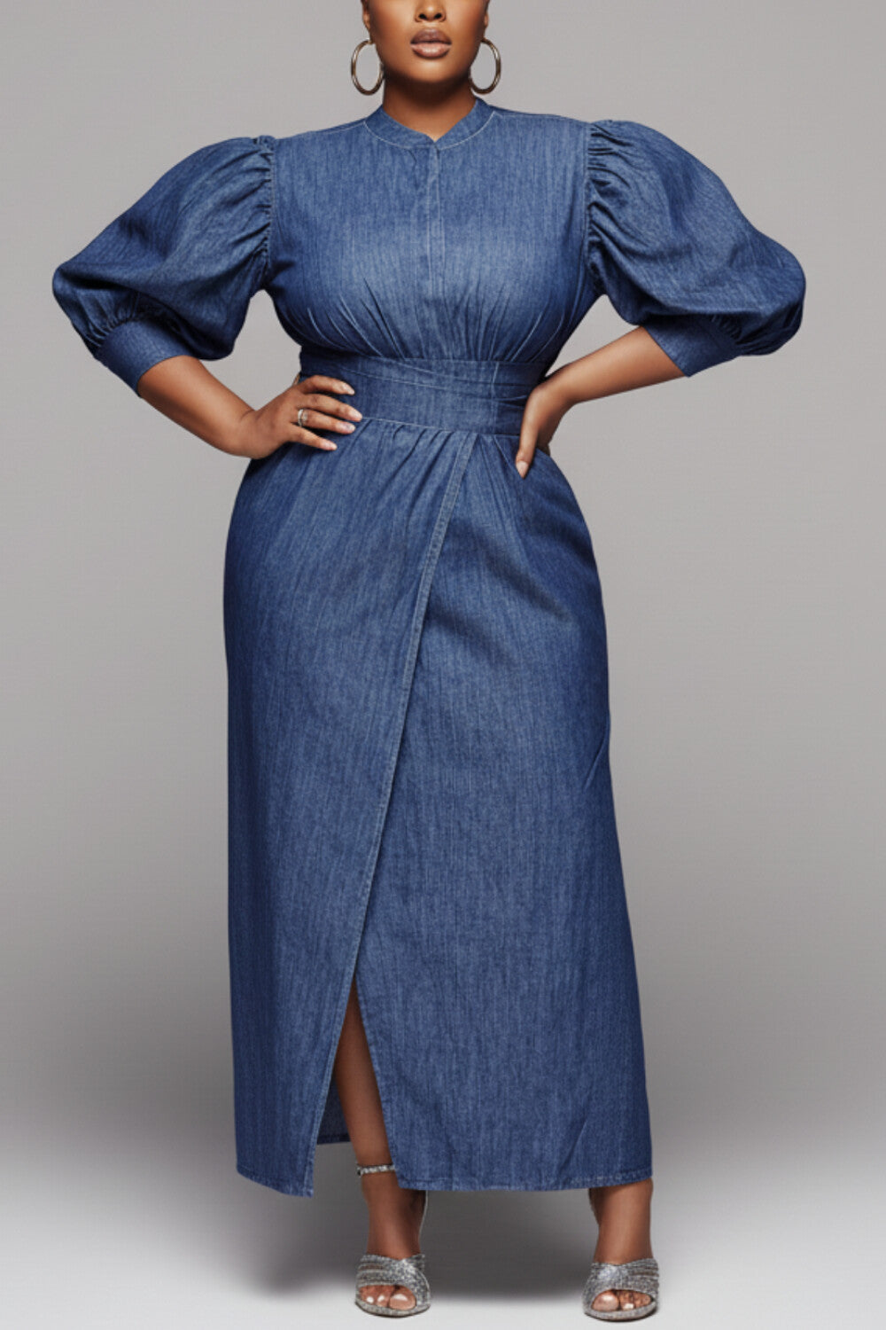 Xpluswear Design Plus Size Business Casual Blue Mock Neck Half Sleeve Split Elegant Denim Maxi Dresses