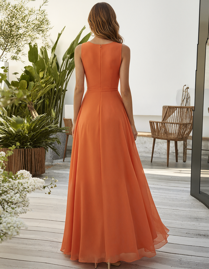 Vibrant Orange Chiffon Round-neck Sleeveless Fitted Waist Maxi Dress