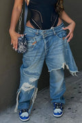 women's  Cross Over Waist Irregular Frayed Hem Heavy Ripped Baggy Wide Leg Jeans