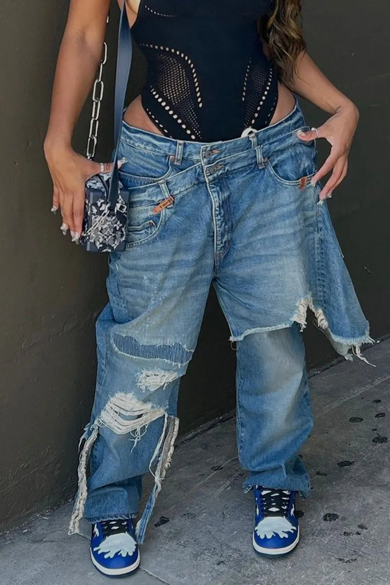 women's  Cross Over Waist Irregular Frayed Hem Heavy Ripped Baggy Wide Leg Jeans