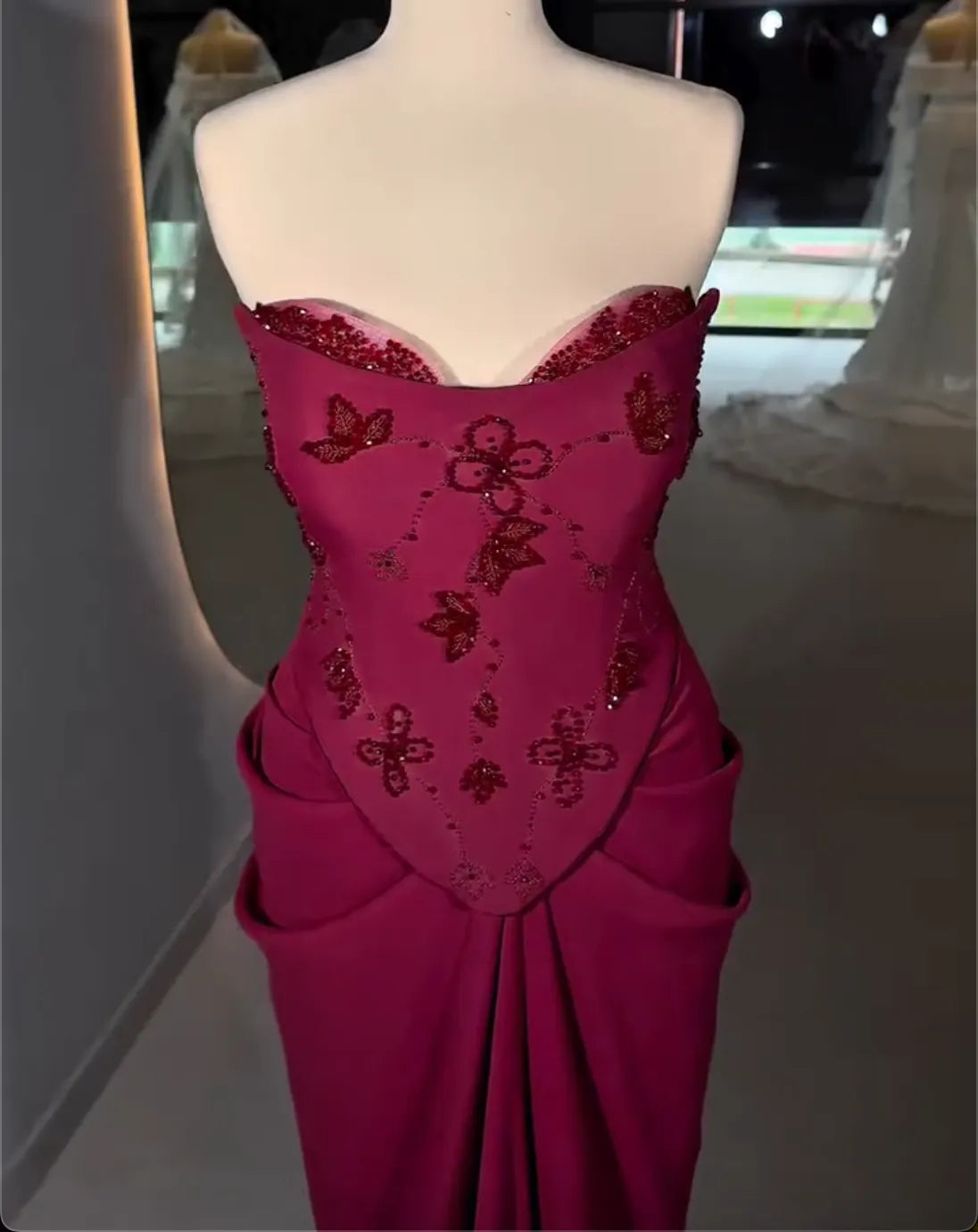 Burgundy Strapless Maxi Dress with Floral Bead Embroidery & Draped Skirt