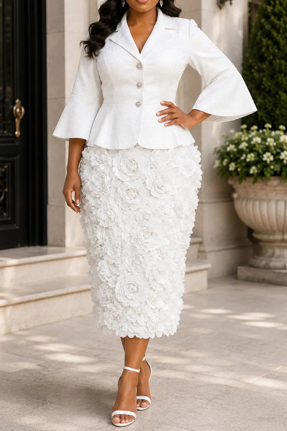 Business Casual White Turndown Collar Flare 3/4 Sleeve 3D Split Two Piece Skirt Sets [Pre-Order]