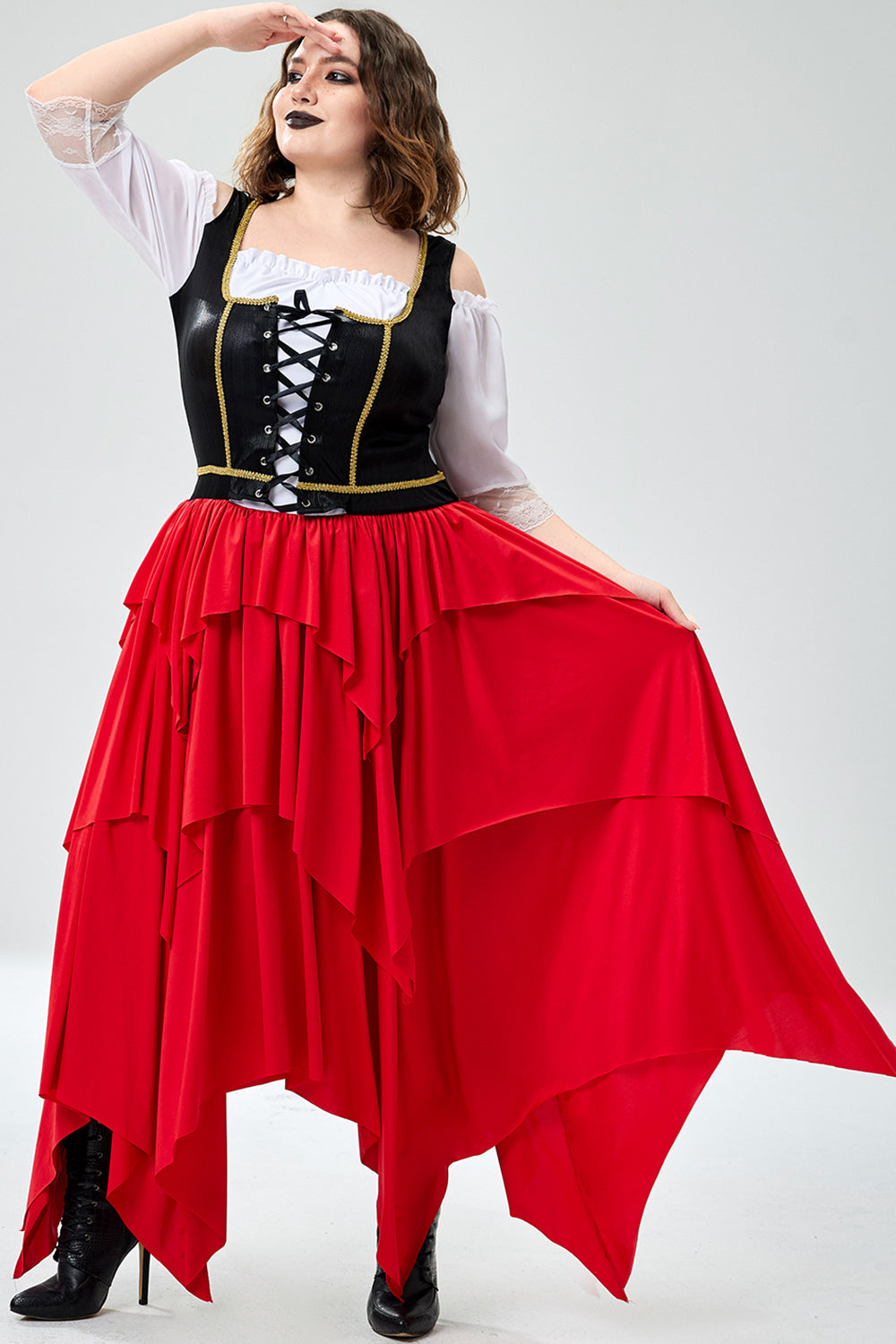 Halloween Costume Red Cosplay One Shoulder Lace Up Irregular Knitted Midi Dress(Ships 24h)