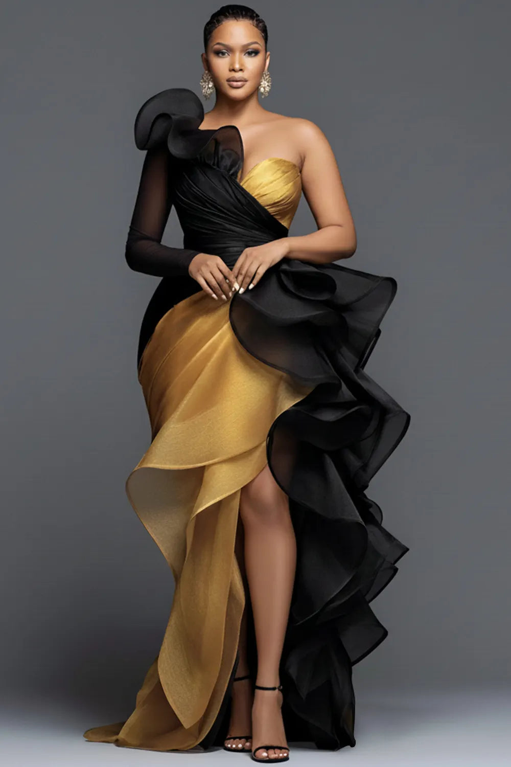 Black & Gold One-Shoulder Ruffle High-Low Gown –  Glam  Dress
