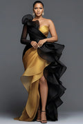 Black & Gold One-Shoulder Ruffle High-Low Gown –  Glam  Dress