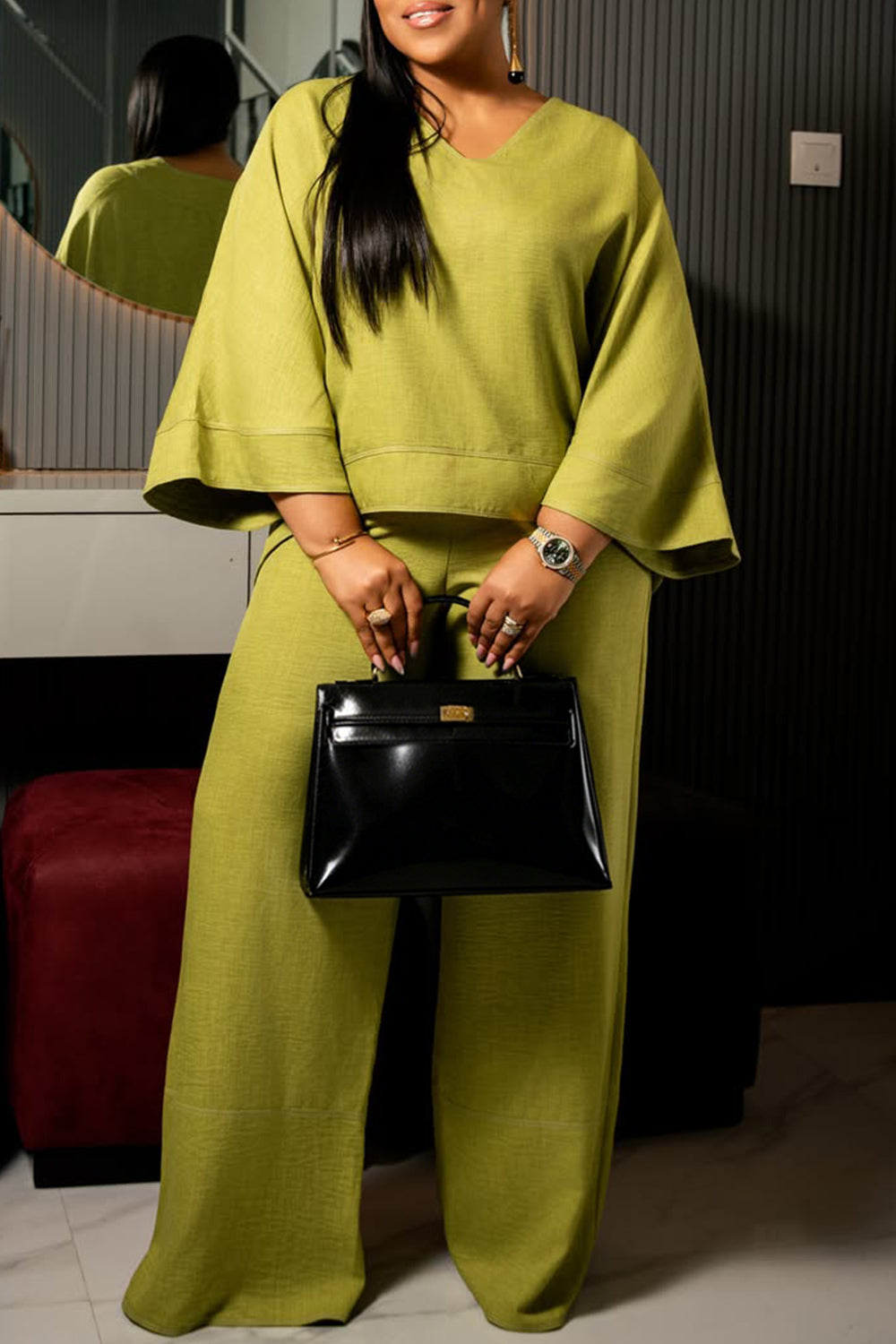 Plus Size Business Casual Green V Neck Long Sleeve Pocket Wide Leg Two Piece Pant Sets