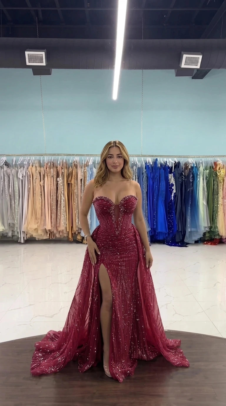 Strapless Corset Embellished Evening Gown with Slit and Overskirt