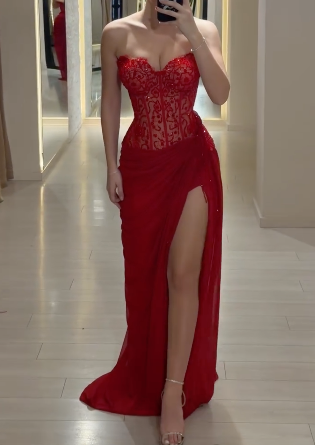 Red Strapless Sheer Corset Maxi Dress with High Slit