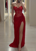 Red Strapless Sheer Corset Maxi Dress with High Slit