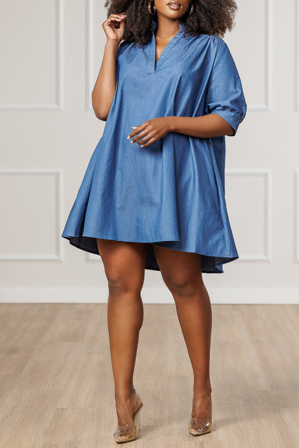 Plus Size Business Casual Blue Shirt Collar Short Sleeve Pocket Casual Tencel Denim Mini Dresses