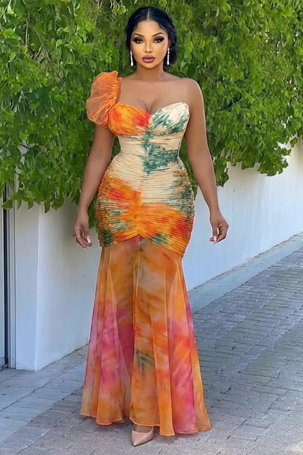 One Shoulder Ruched Mesh Hem Fishtail Maxi Dresses-Multicolor