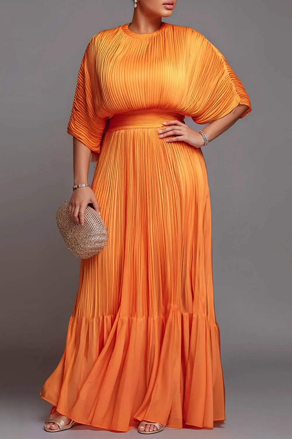 Mother Of The Bride Orange Round Neck Short Sleeve Pleated Maxi Dresses