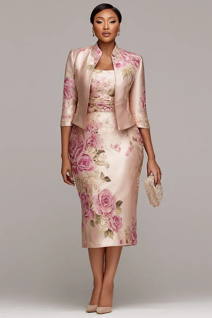 Mother Of The Bride Pink Floral Half Sleeve Bodycon Satin Two Piece Dress Set
