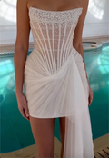 White Strapless Pearl Beaded Mini Dress with Draped Tulle Skirt & Train