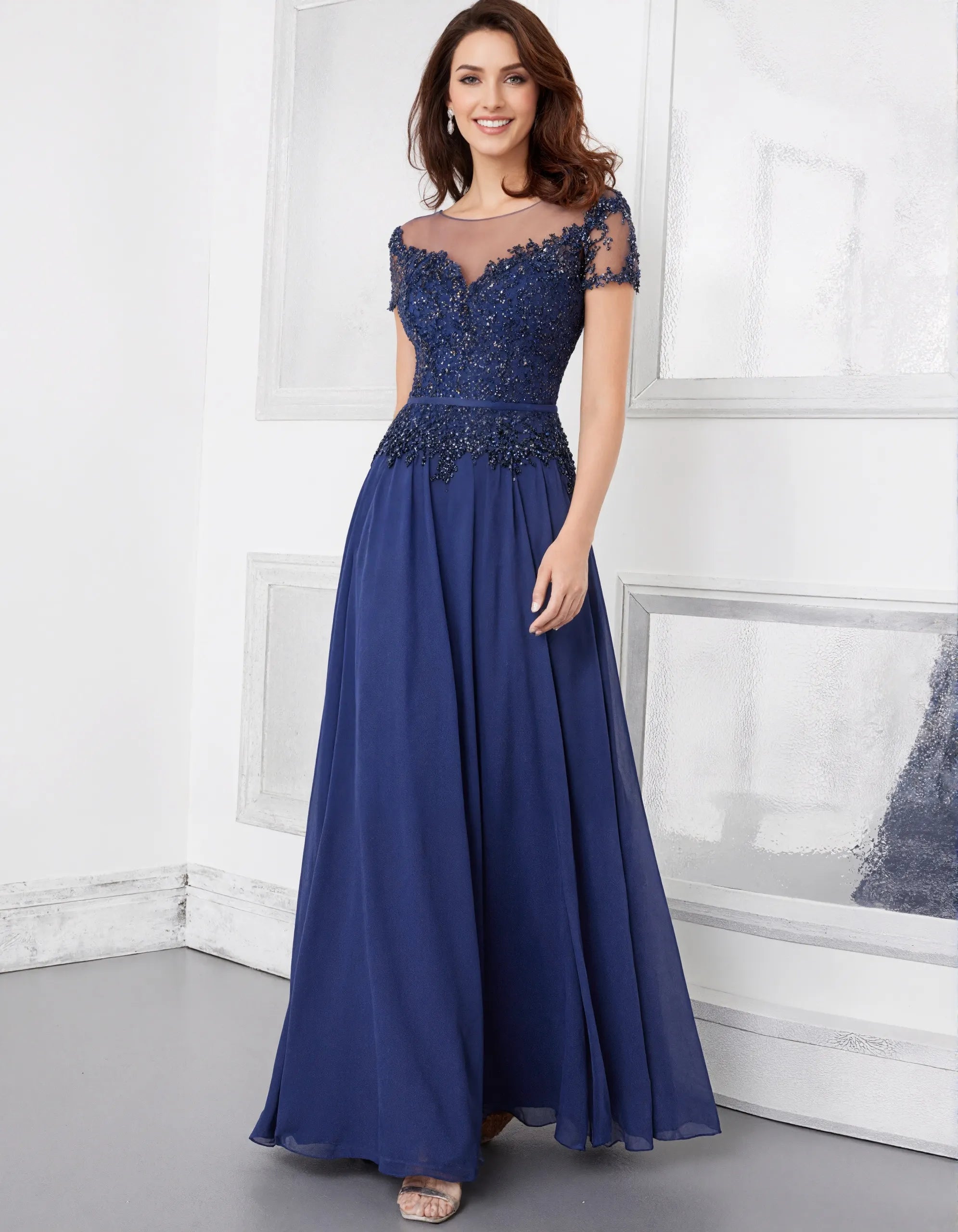 Crew Neck Lace And Chiffon Fabric Maxi Dress