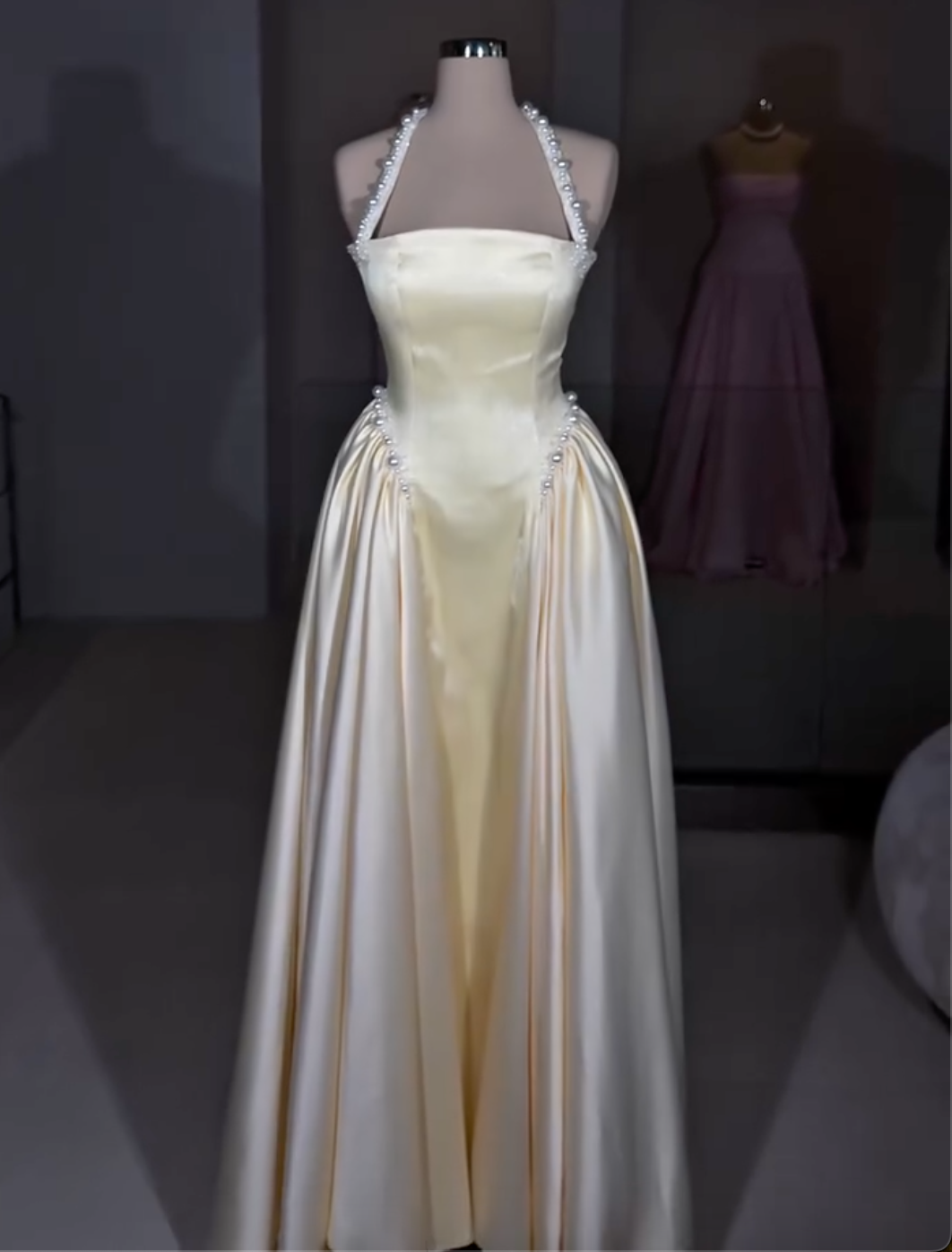 Buttercream Yellow Halter Maxi Dress with Pearl Embellishments & Satin Skirt