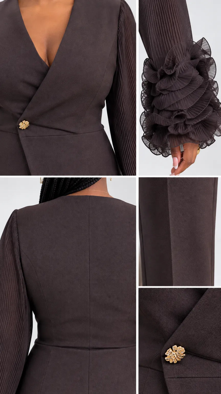 Women's Elegant Ruffle Sleeve Pant Suit Set with Asymmetrical Blazer and Tailored Trousers