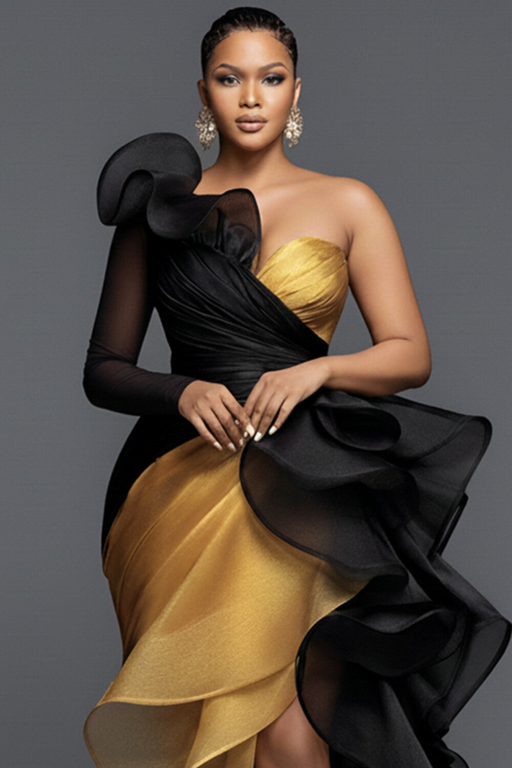 Black & Gold One-Shoulder Ruffle High-Low Gown –  Glam  Dress