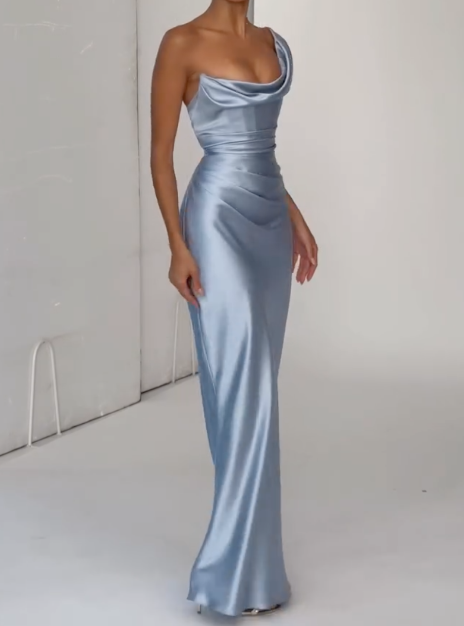 Dusty Blue Satin One-Shoulder Maxi Dress with Cowl Neck & Lace-Up Back