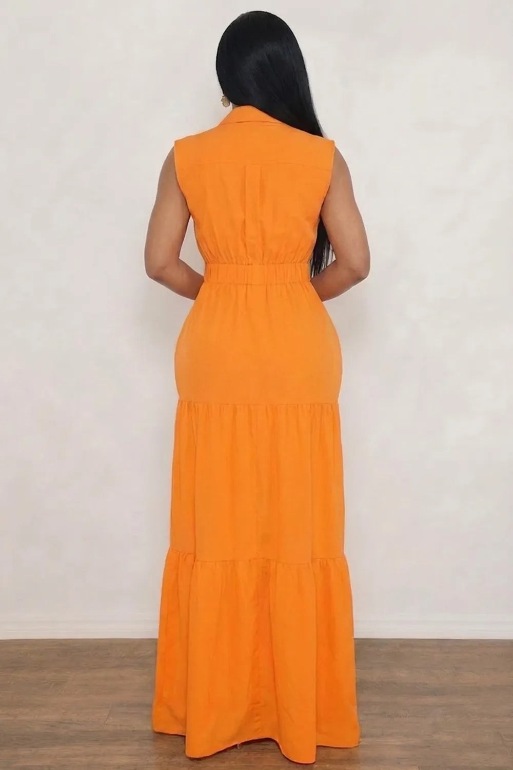 Turndown Collar Sleeveless Single Breasted Multi-Pocket Maxi Dresses-Orange