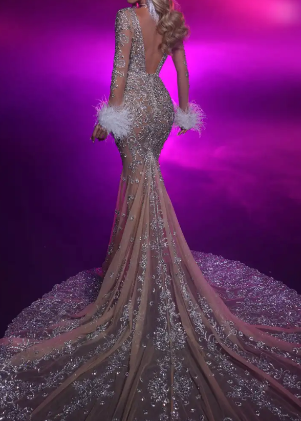 Nude Long Sleeve Crystal Embellished Maxi Dress