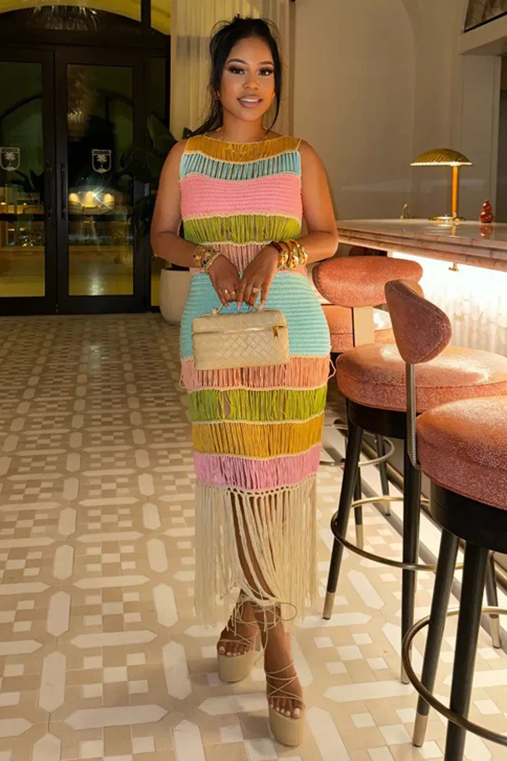 Boat Neck Sleeveless Colorblock Fringe Crochet Vacation Maxi Dresses-Blue