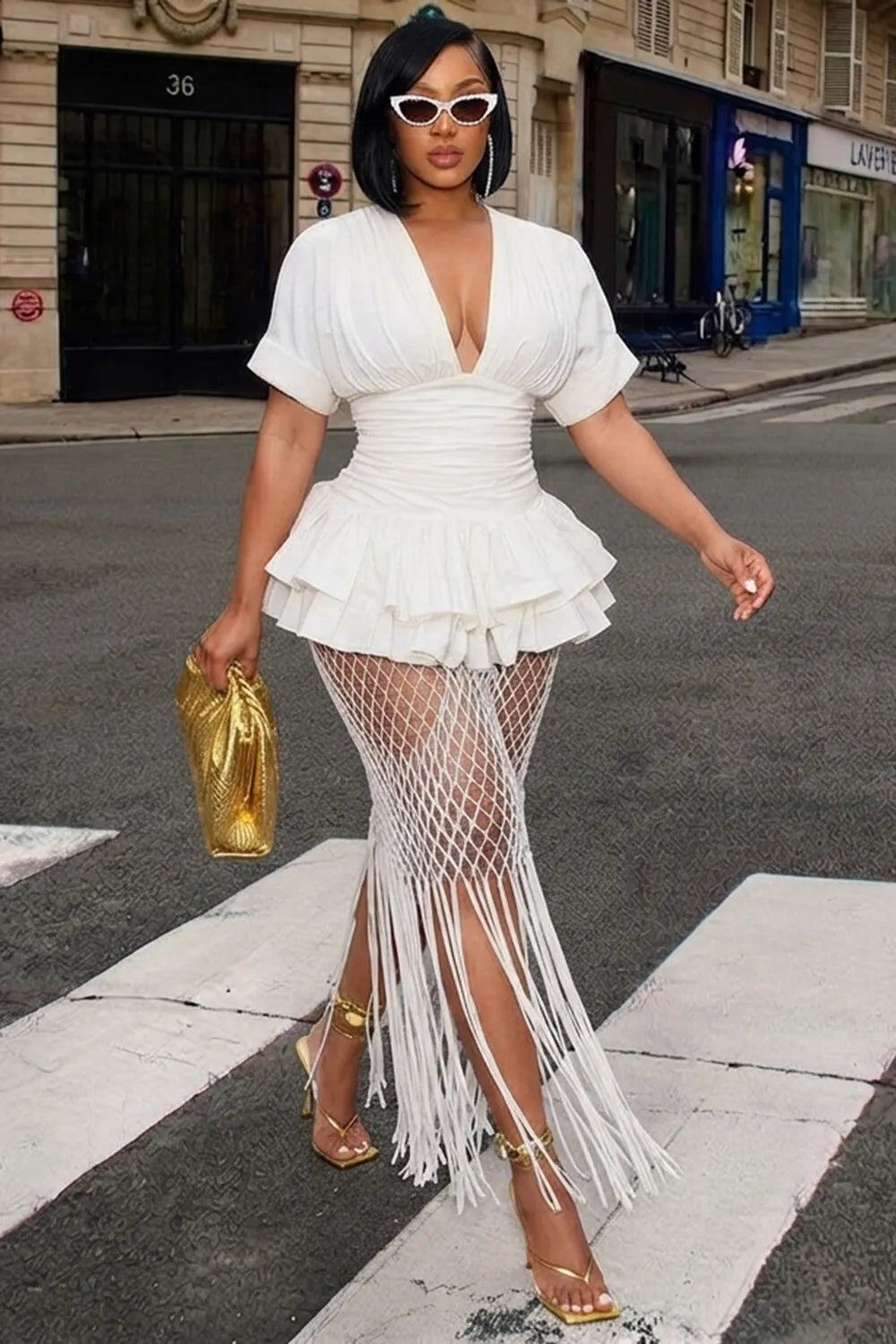 Deep V Neck Ruched Peplum Fishnet Long Fringe Maxi Dresses-White [Pre Order]