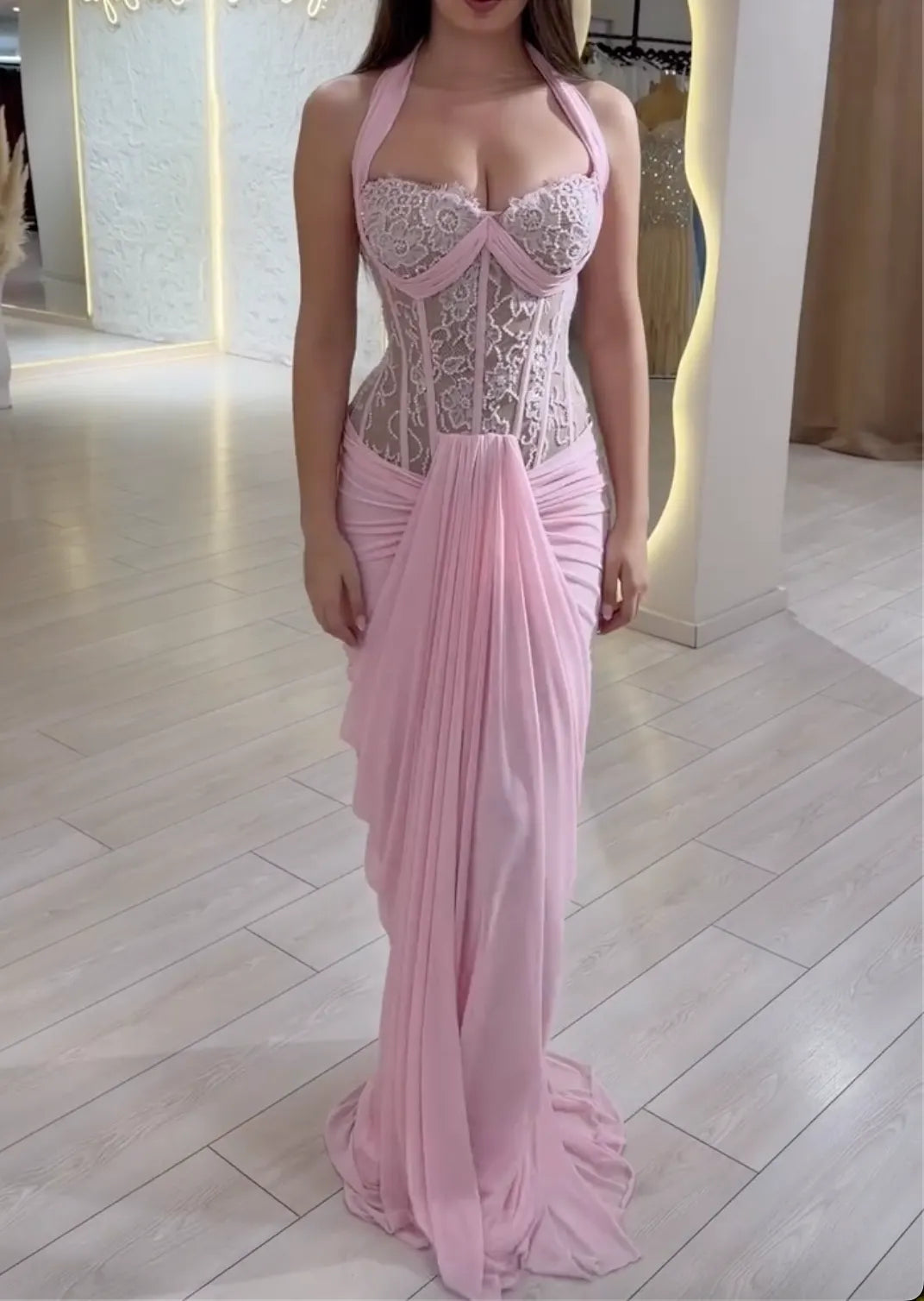 Pink Halter Lace Mermaid Maxi Evening Gown - Corset Bodice Ruched Formal Dress
